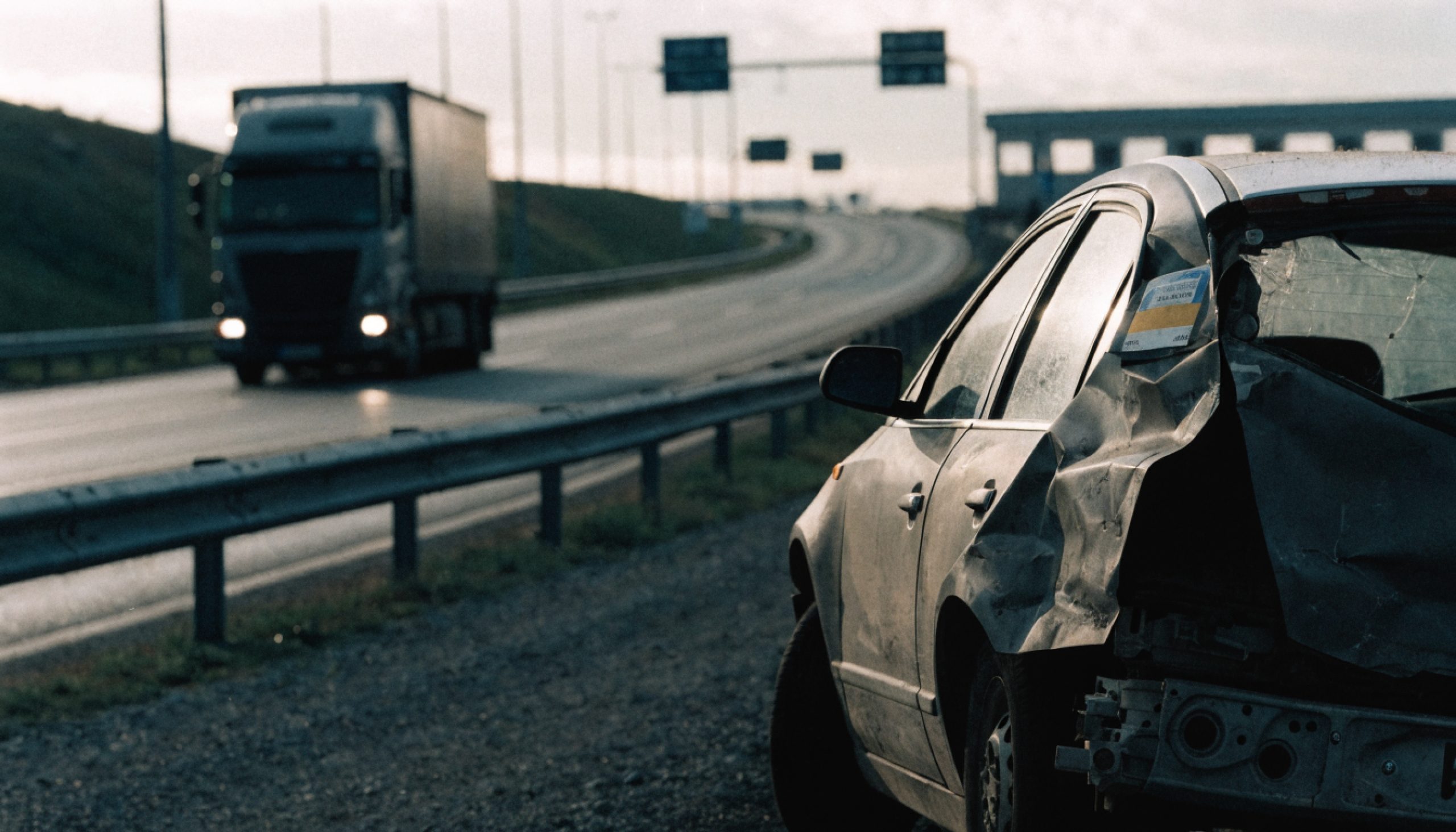 Oštećeno vozilo na auto-putu pored teretnog vozila u tranzitu